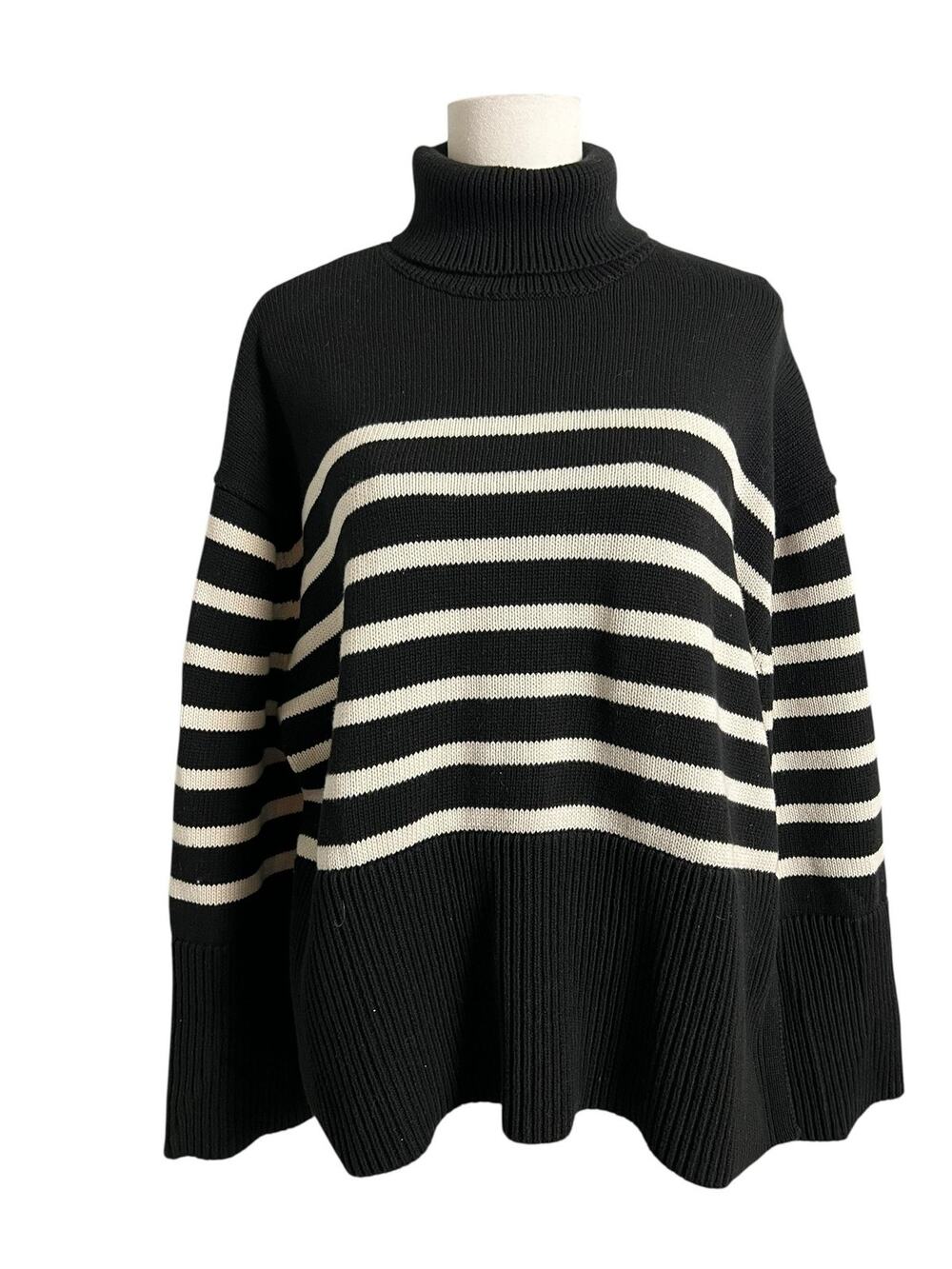 Gap Pullover Sweater Womens M Tall Black Stripe Turtleneck Knit Oversized Top